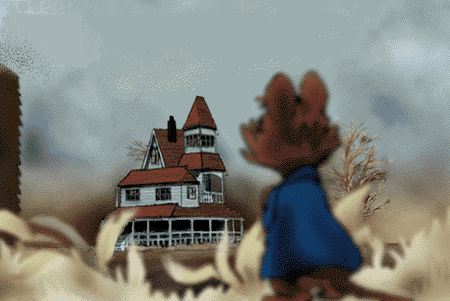 The farmhouse, with Mrs. Brisby in the foreground