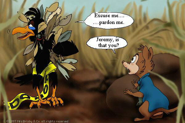 Jeremy, tangled in feathers and caution tape: Excuse me... Pardon me... - Mrs. Brisby: Jeremy, is that you?