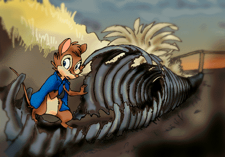 Mrs. Brisby walking along a rusted corrugated metal pipeline