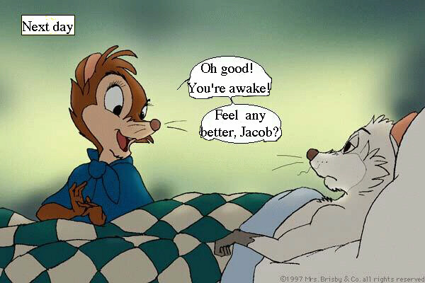 [Next day] Mrs. Brisby: Oh good! You're awake! Feel any better, Jacob?