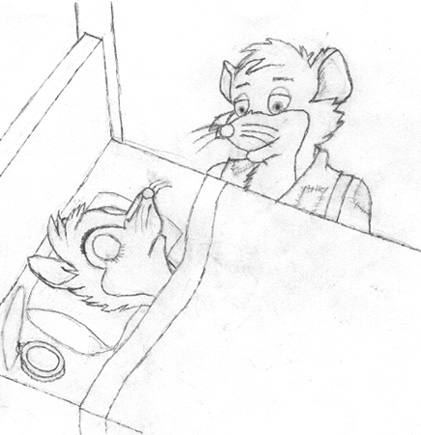 Jonathan watching over Mrs. Brisby in bed